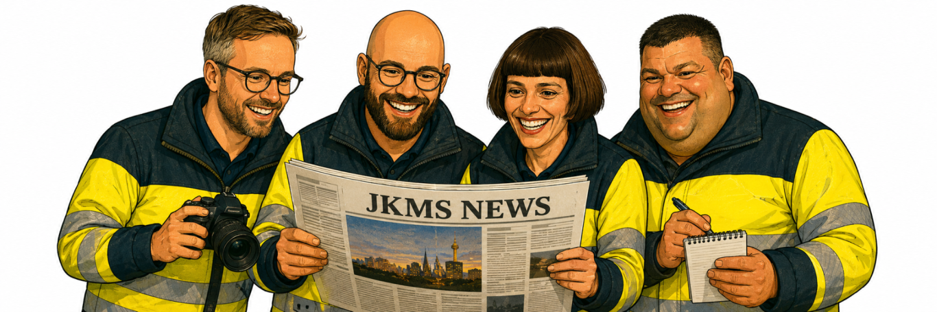 Drei Personen in gelben Uniformen halten eine Zeitung mit der Überschrift "JK MEDICAL SERVICES NEWS", ein Hund steht dabei.