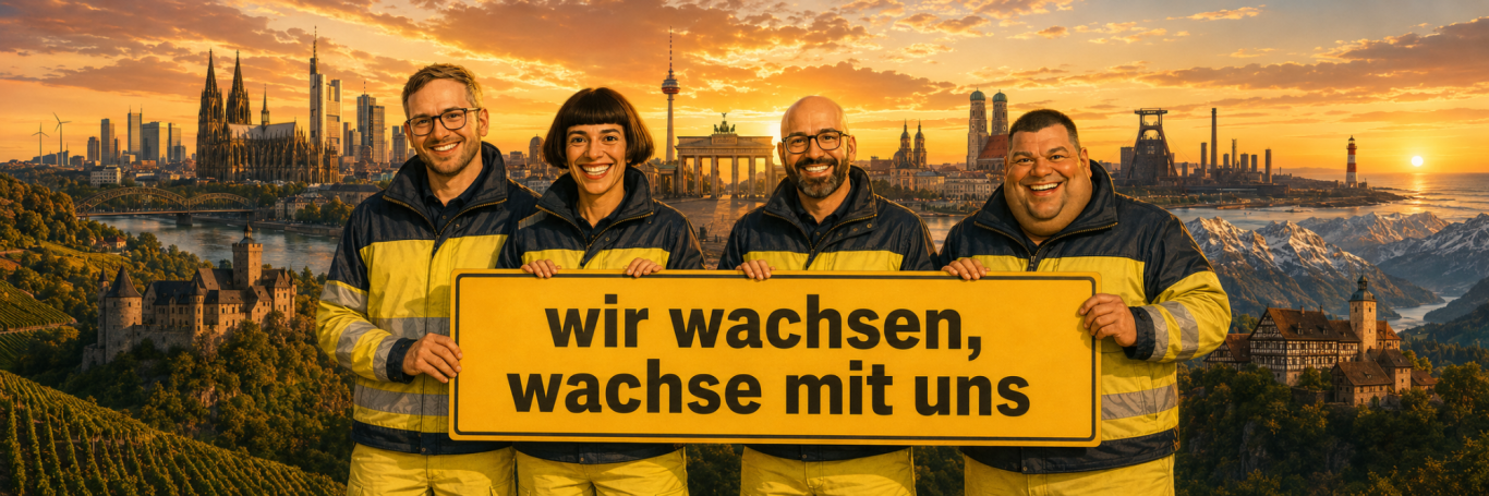 Fünf Personen in Sicherheitskleidung halten ein Schild mit der Aufschrift "Wir suchen dich".