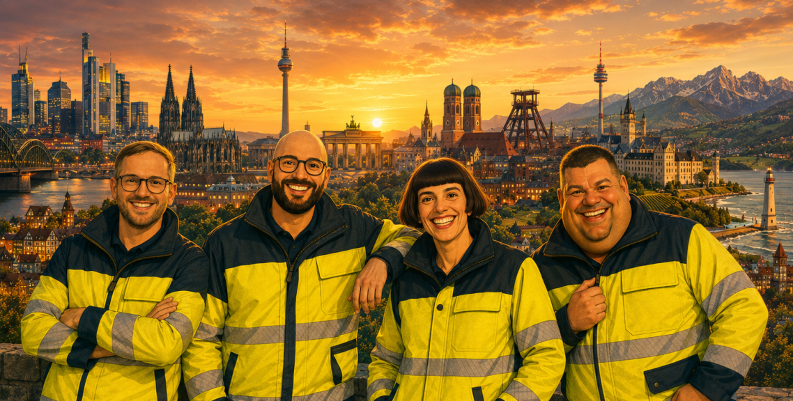 Gruppenfoto von Menschen in gelben Jacken mit einem Hund, vor einem grünen Hintergrund.