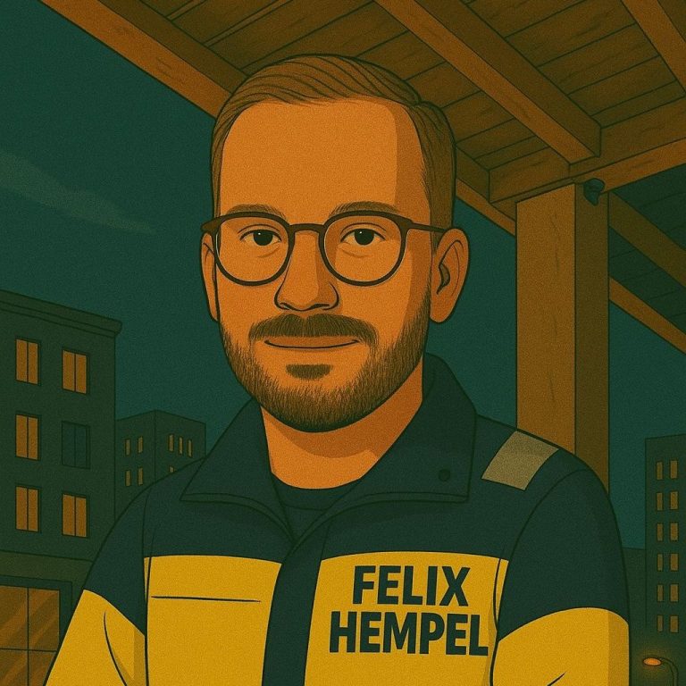 Mann mit Brille in gelber Warnjacke, lächelnd vor einer Stadtszene mit Fernsehturm.