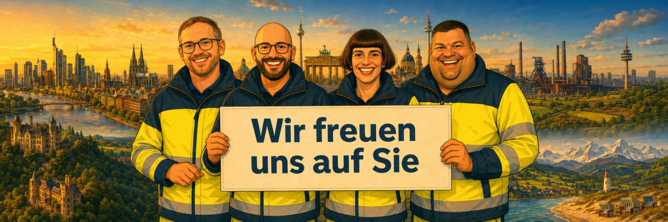Fünf Personen in gelben Jacken winken vor einer städtischen Abendkulisse.