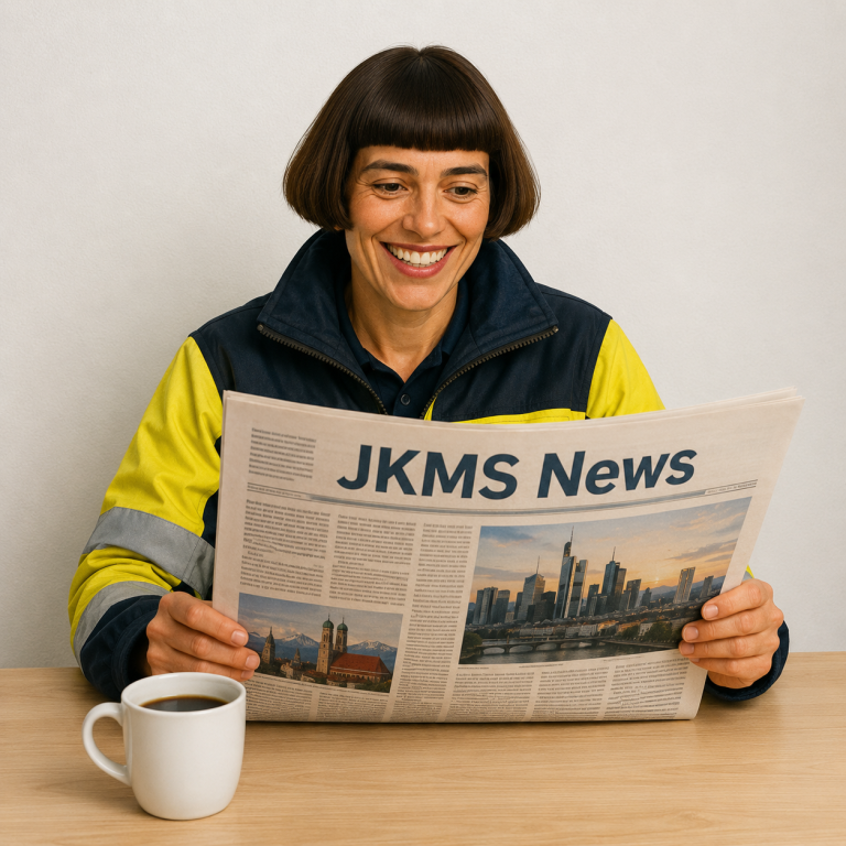 Ein Hund sitzt am Tisch und liest die Zeitung, neben ihm eine Tasse Kaffee.