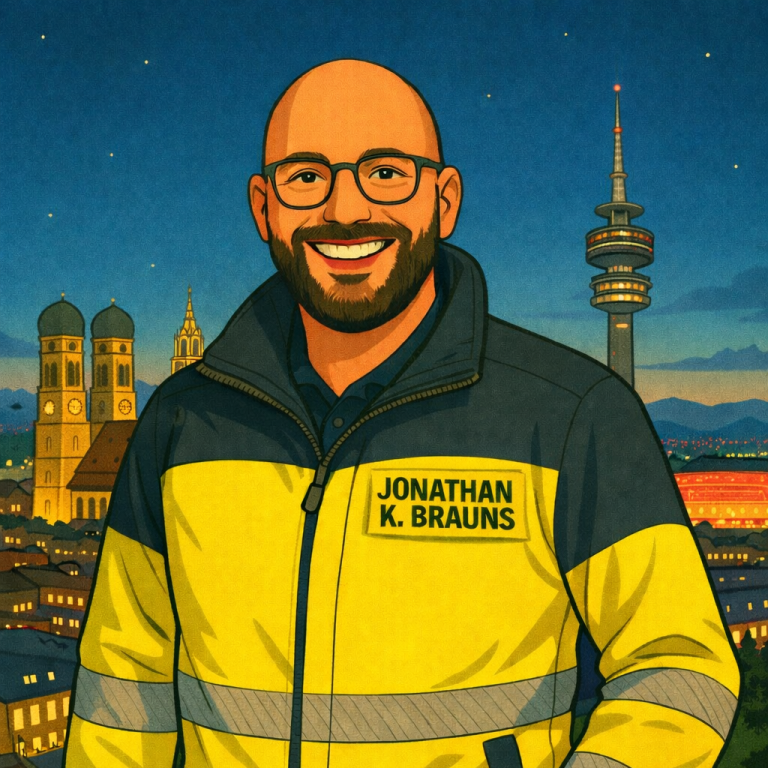 Mann mit Brille in gelber Warnjacke, lächelnd vor einer Stadtszene mit Fernsehturm.